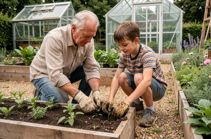 Grand-père et petit-fils jardinant ensemble dans un potager familial, symbole de transmission intergénérationnelle et de complicité