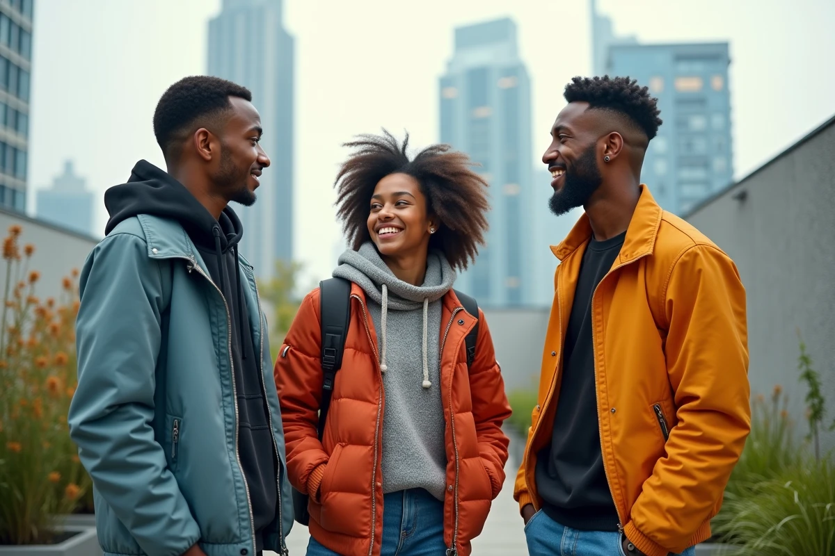 Groupe de jeunes en streetwear futuriste sur un toit