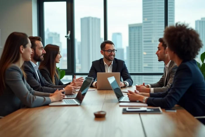 Groupe de professionnels en réunion dans un bureau moderne
