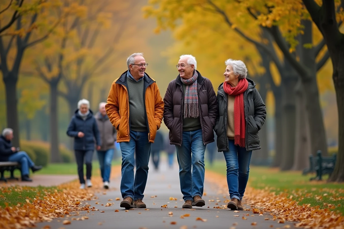 Groupe de seniors marchant dans un parc automnal