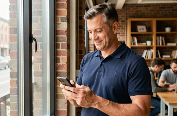 Homme consultant une application de recrutement intérim sur son smartphone dans un espace de coworking