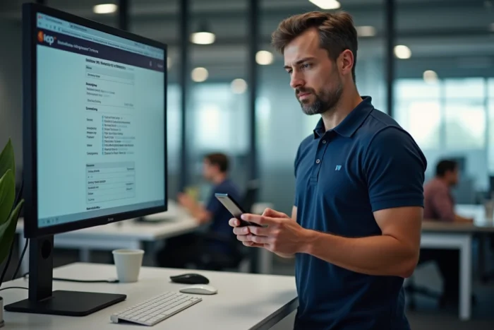 Homme en bureau consultant un guide de dépannage sur écran pour résoudre un problème de navigation cartographique en ligne