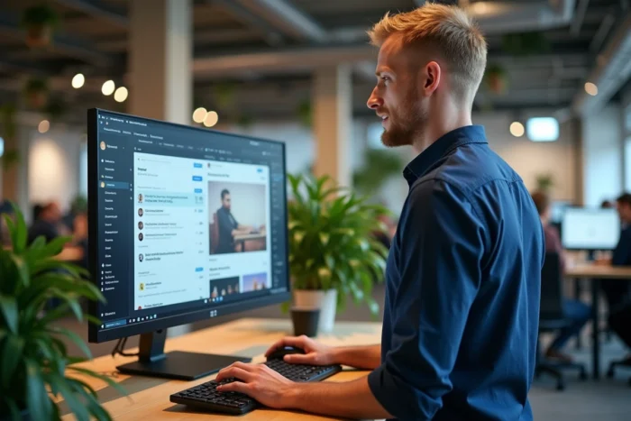 Homme professionnel debout devant un grand écran dans un espace de coworking avec des outils numériques de créativité et de productivité