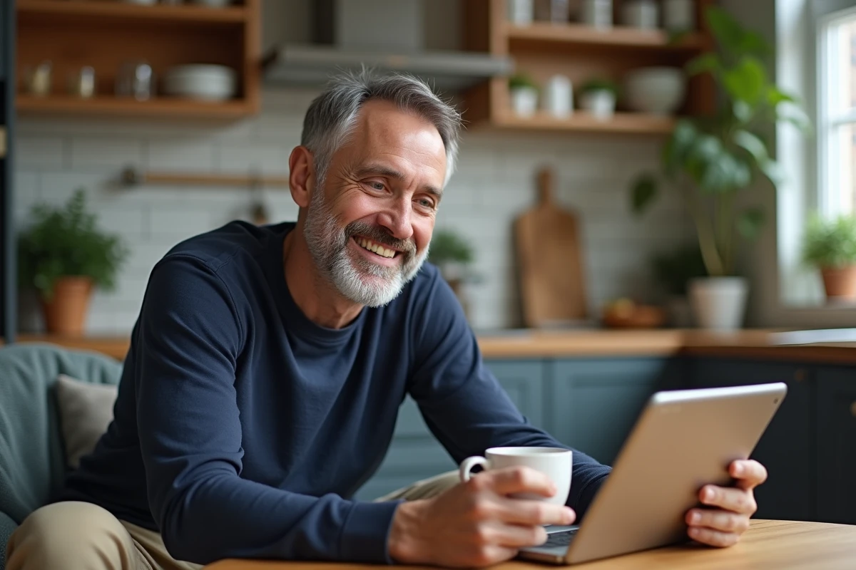 Homme d age moyen regardant une tablette en cuisine
