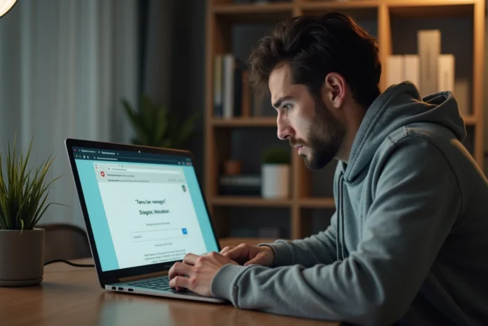 Homme frustré devant un écran d'ordinateur affichant une erreur de navigateur, cherchant une solution à un problème de site web