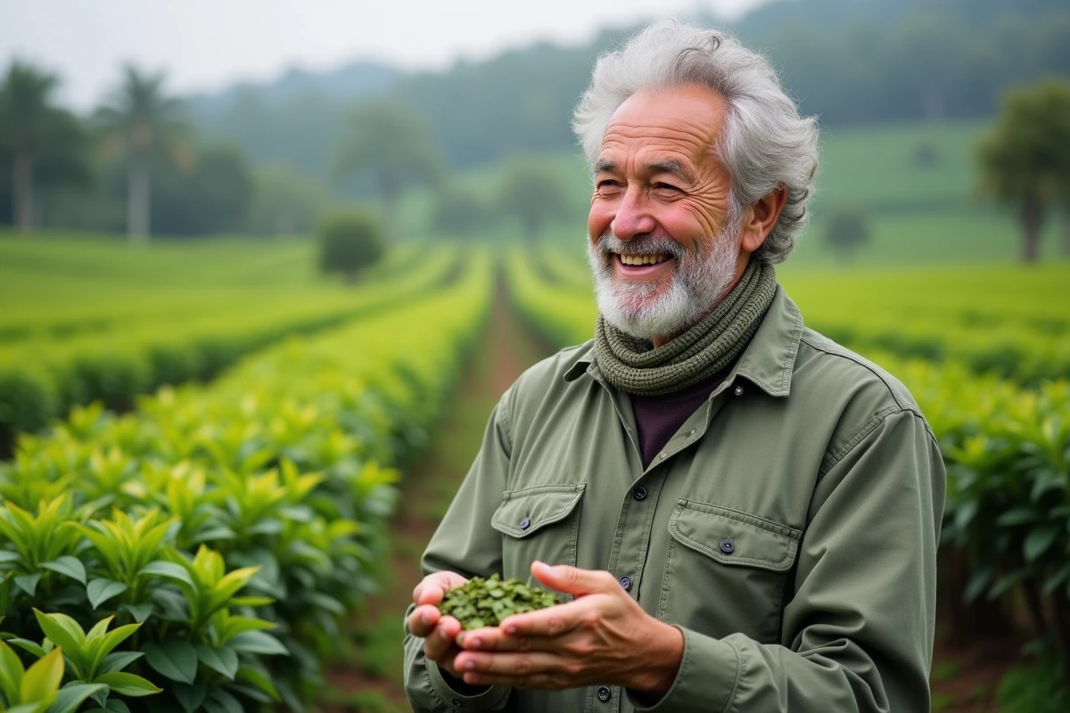 Homme examinant des feuilles de thé dans une plantation verte