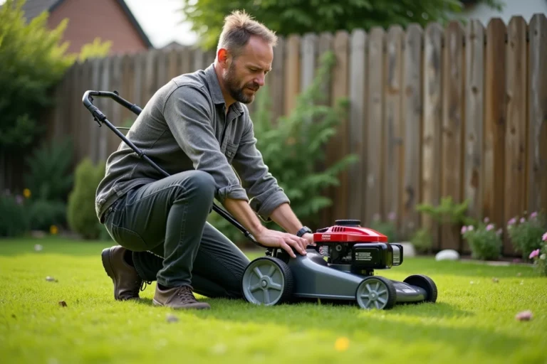 Homme d'âge moyen examine une tondeuse moderne dans son jardin