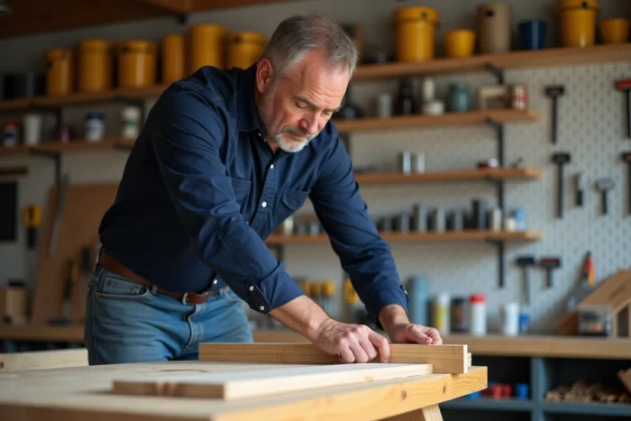 Homme mesurant une planche en bois dans un garage organisé