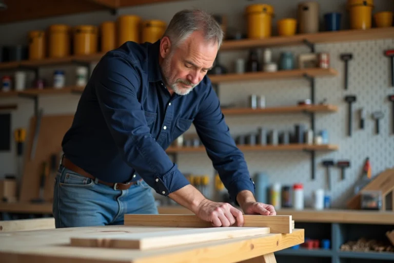 Homme mesurant une planche en bois dans un garage organisé
