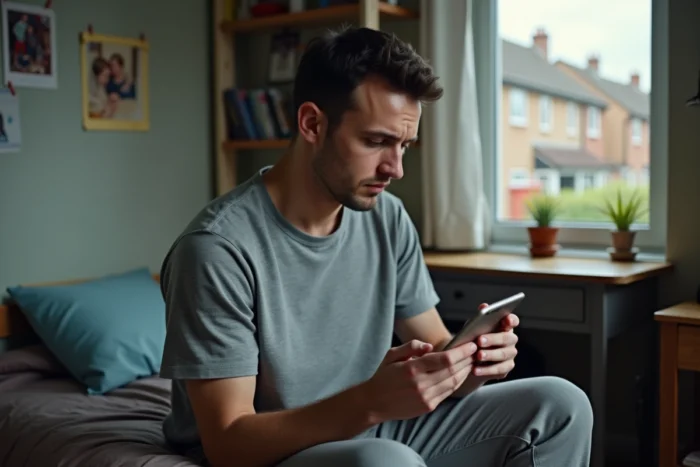 Jeune homme vivant chez ses parents consultant les plafonds de l'AAH 2026 sur son smartphone