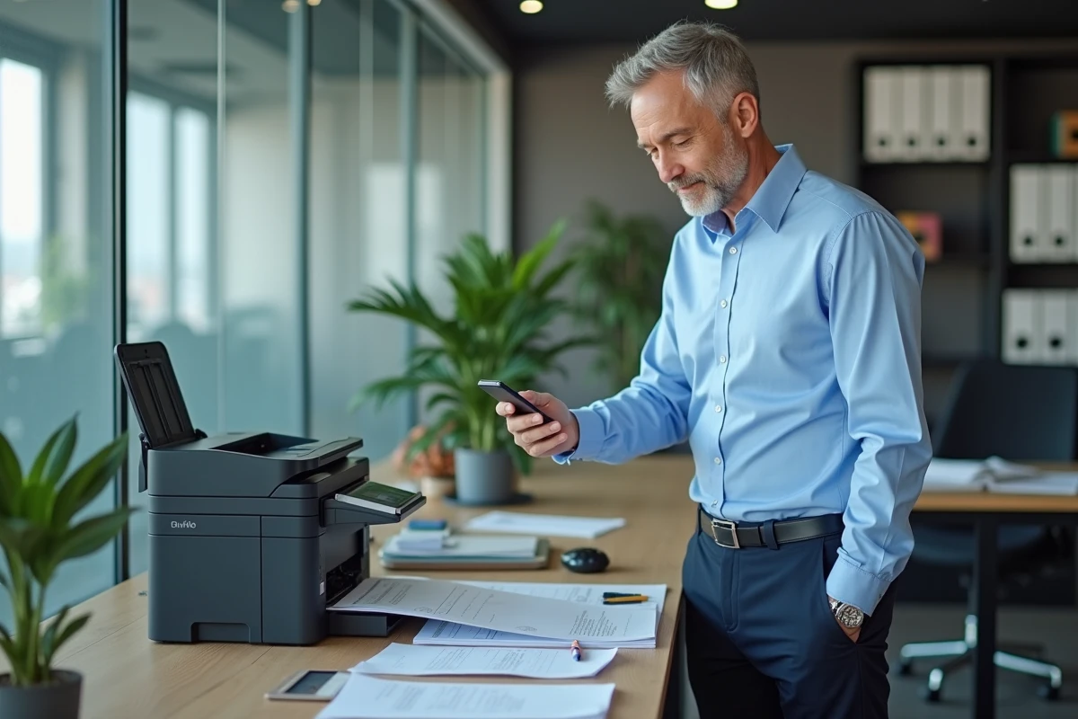 Homme scannant des documents dans un bureau organisé