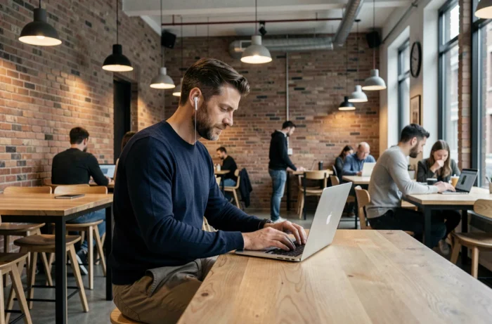 Homme en télétravail dans un espace de coworking moderne avec ordinateur portable et écouteurs sans fil