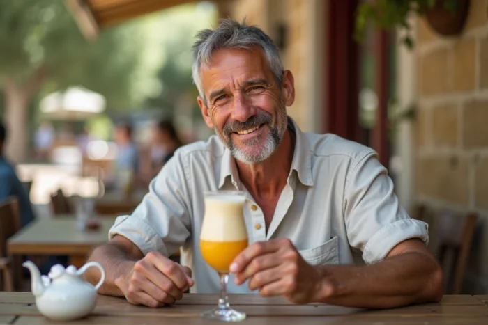 Homme d'âge moyen savourant un verre de ricard en terrasse de café provençal avec sucre et carafe d'eau