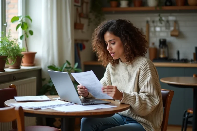 Jeune femme en colocation révisant des documents administratifs sur l'AAH 2026 à une table partagée