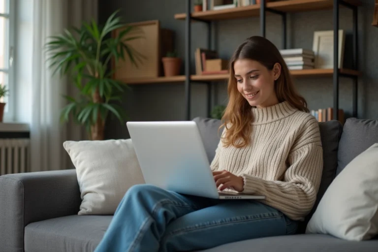Jeune femme sur canapé regardant un ordinateur portable