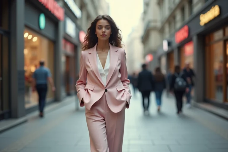 Jeune femme en tailleur pastel marche dans la ville