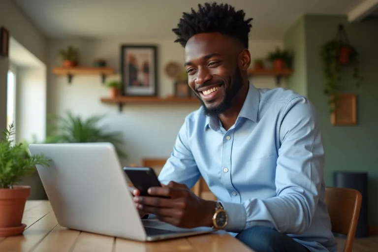 Jeune homme africain souriant avec ordinateur et smartphone