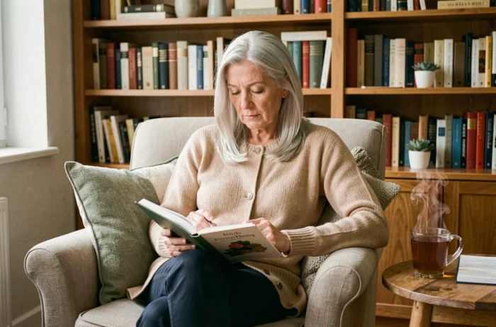 Femme mature consultant un journal de santé personnelle dans un bureau cosy pour suivre ses habitudes de bien-être
