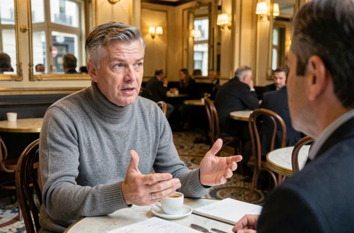 Journaliste et commentateur politique français en conversation animée dans une brasserie parisienne traditionnelle, carnet ouvert sur la table