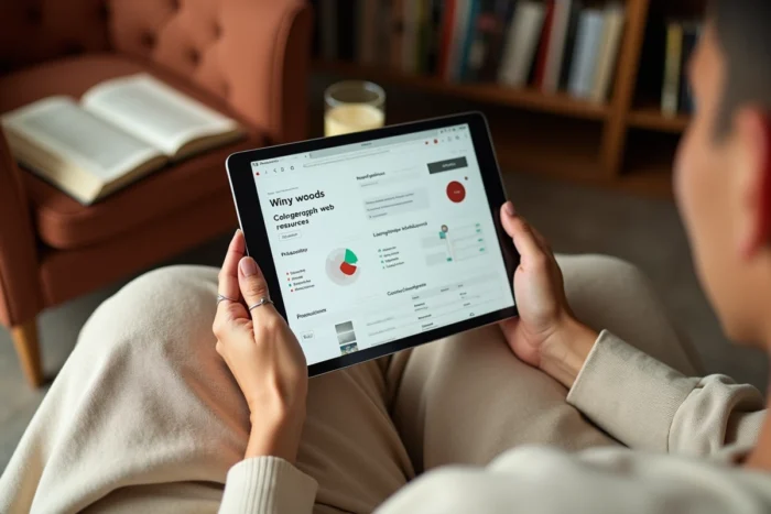 Mains tenant une tablette affichant des ressources web créatives et des outils de productivité dans un espace cosy et chaleureux