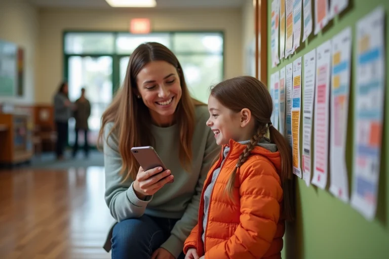 Maman souriante avec sa fille regardant le tableau d'activités