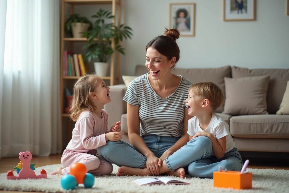 Maman et ses enfants jouent dans le salon lumineux