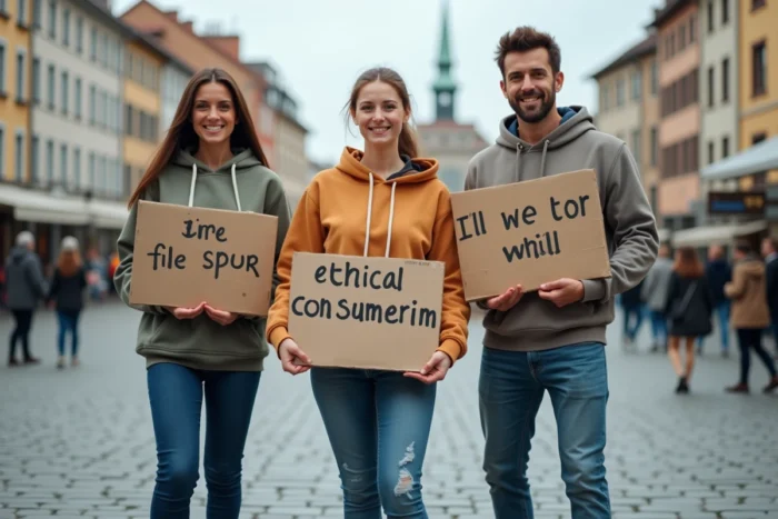 Groupe de manifestants tenant des pancartes pour une consommation éthique dans une place publique européenne