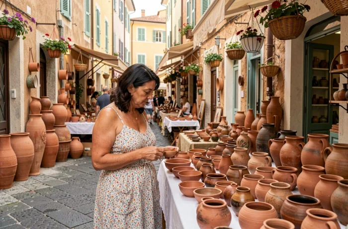 Femme explorant un marché artisanal traditionnel dans les ruelles de Monaco-Ville, culture locale de la Principauté