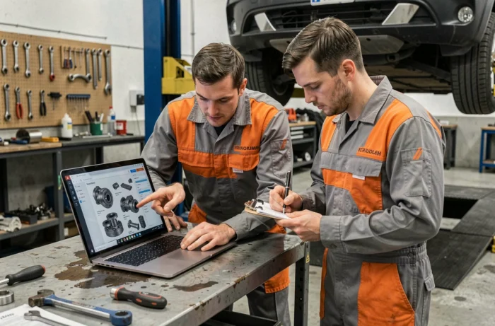 Deux mécaniciens collaborant sur le logiciel Autossimo pour consulter des données de réparation automobile