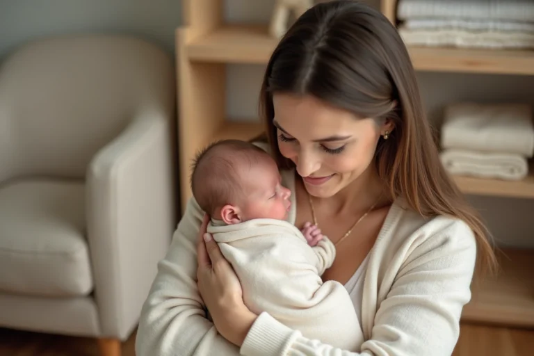 Jeune mère tenant tendrement son nouveau-né dans les bras dans une chambre de bébé chaleureuse et minimaliste