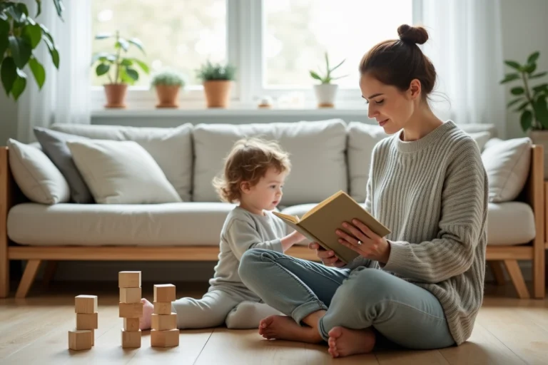 Mère lisant un guide parental assise sur le sol avec son enfant en bas âge dans un salon scandinave chaleureux
