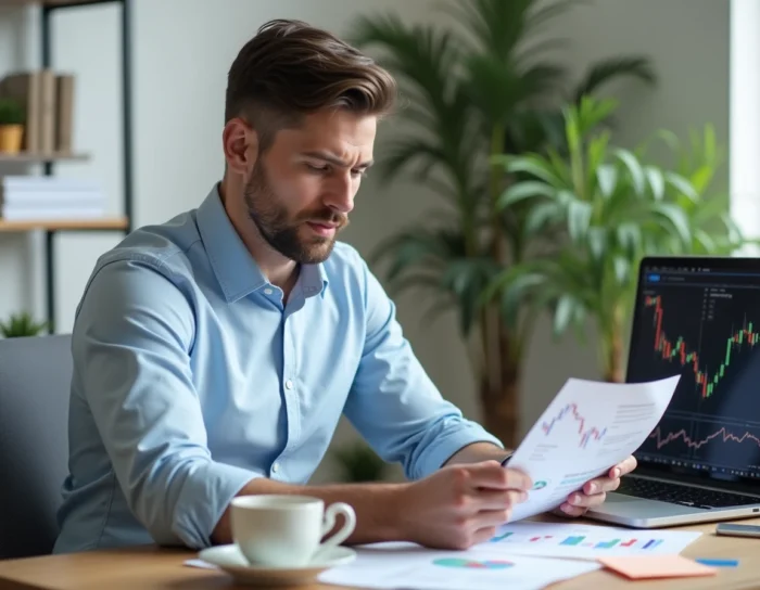 Jeune homme analysant des graphiques financiers sur son bureau à domicile pour optimiser ses investissements en 2024