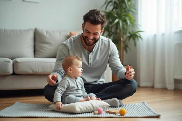 Père jouant au sol avec son bébé sur un tapis d'éveil dans un salon moderne et lumineux