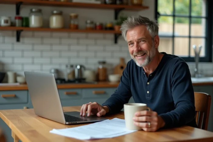 Père consultant des ressources parentales sur ordinateur portable dans une cuisine moderne