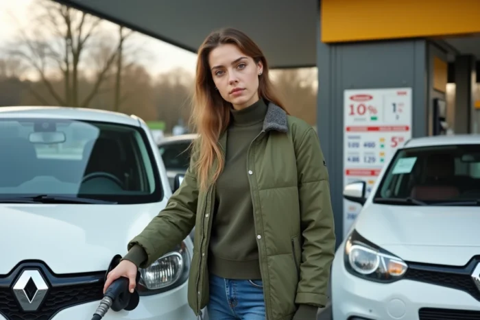Femme faisant le plein d'une Renault Twingo 3 blanche dans une station-service française après avoir épuisé la réserve d'essence