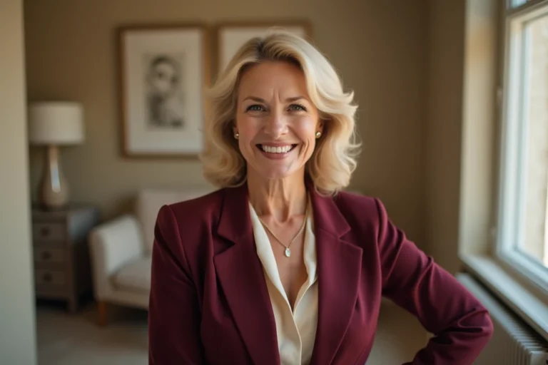 Portrait élégant d'une femme blonde souriante en blazer bordeaux dans un studio au décor art déco, évoquant le style et la prestance d'une célébrité américaine