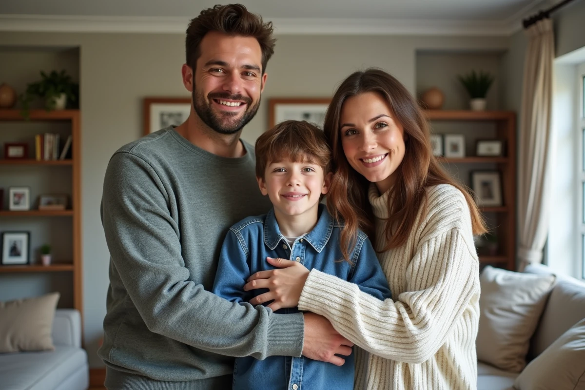 Famille unie dans un salon avec un enfant et deux adultes