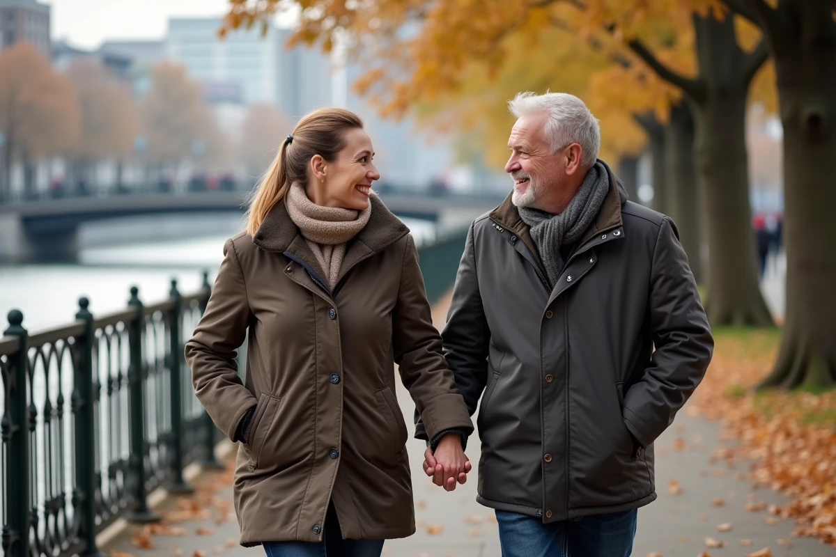 Couple marchant main dans la main au bord de la rivière en automne