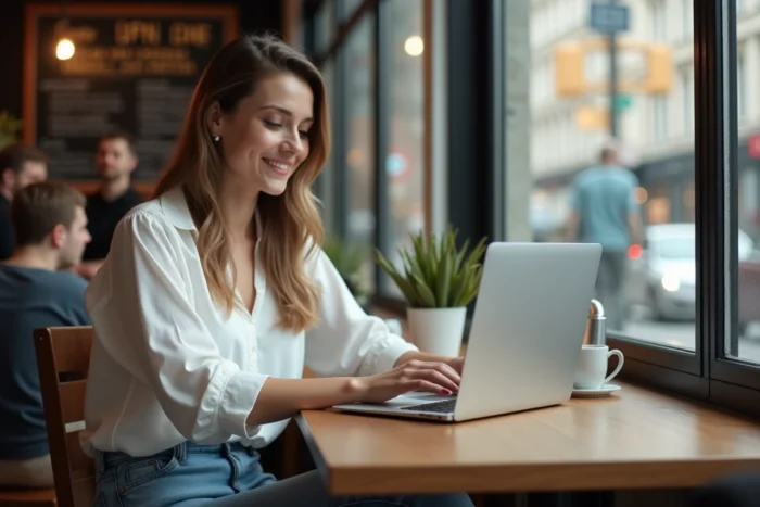 Jeune femme configurant un proxy dans un café urbain sur son ordinateur portable
