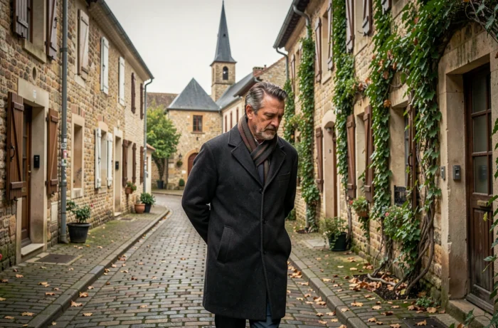 Homme marchant dans une rue de village français traditionnel en automne, évoquant les racines provinciales et l'identité régionale française
