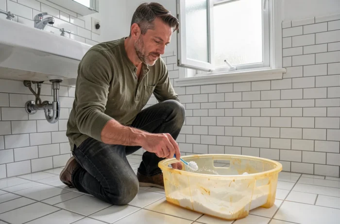 Homme nettoyant un organisateur en plastique jauni avec du bicarbonate dans une salle de bain