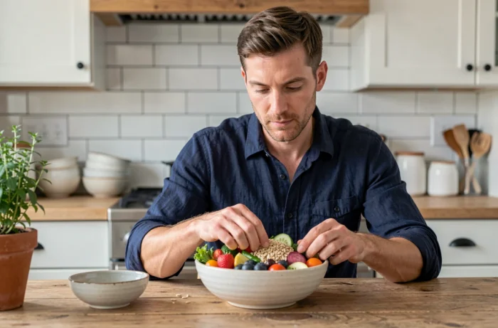Homme préparant un repas sain et équilibré dans une cuisine moderne pour une alimentation quotidienne nutritive