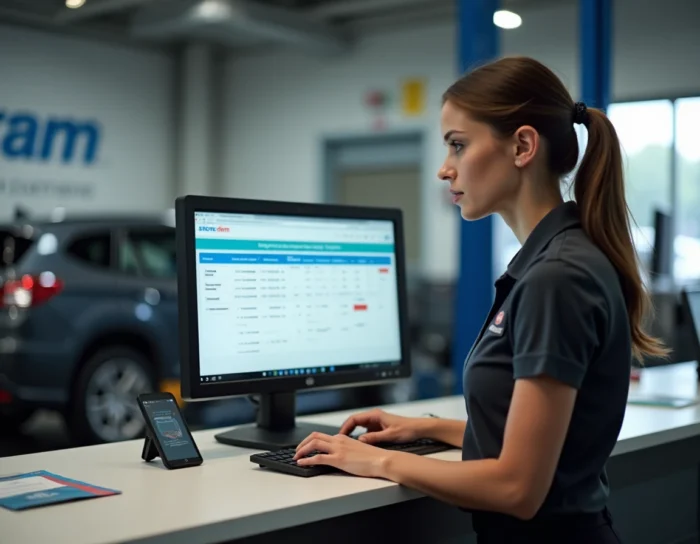 Responsable de garage consultant le logiciel de gestion Autossimo à l'accueil d'un atelier automobile