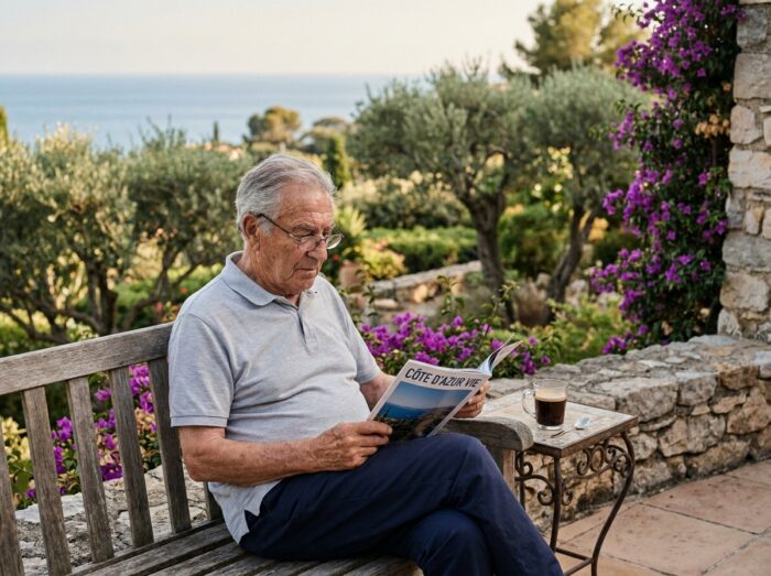 Un retraité profite paisiblement de la terrasse ensoleillée d'une maison de retraite avec vue sur la Méditerranée à Cagnes-sur-Mer