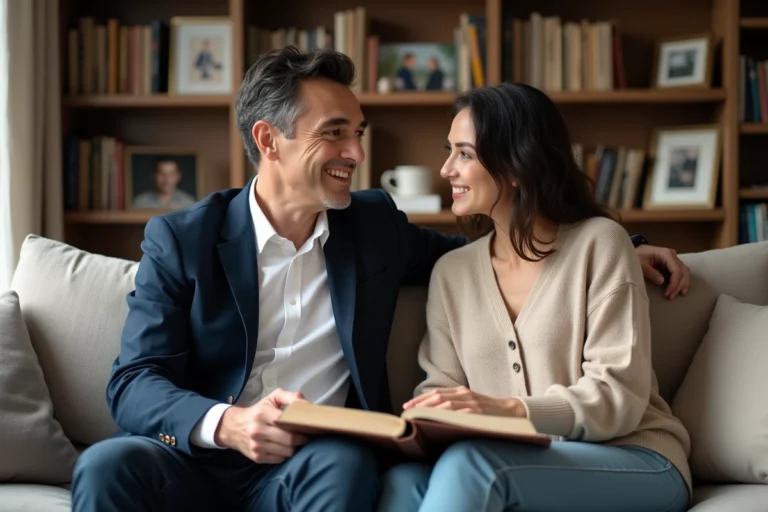 Portrait d'un couple dans un salon chaleureux et intime