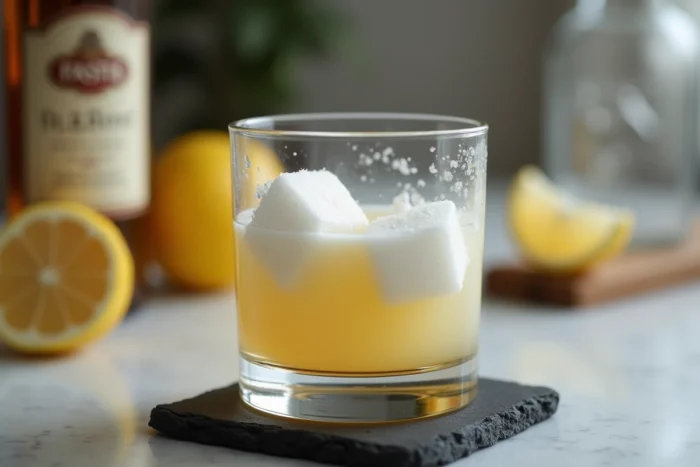 Gros plan sur des morceaux de sucre qui se dissolvent dans un verre de pastis opaque sur un comptoir en marbre