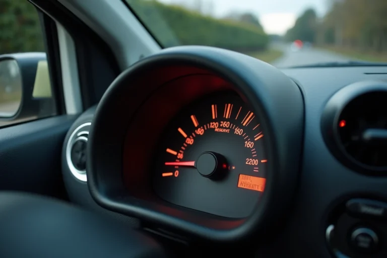Tableau de bord d'une Renault Twingo 3 avec le voyant de réserve d'essence allumé et la jauge d'essence au minimum