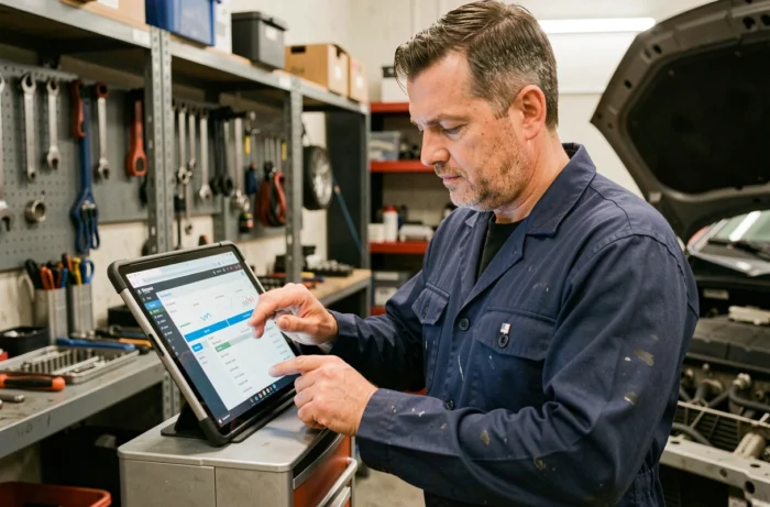 Technicien automobile utilisant le logiciel Autossimo sur tablette dans un garage professionnel