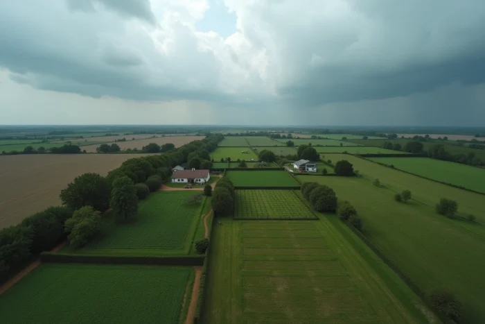 Vue aérienne d'un terrain agricole endommagé après une tempête, illustrant l'importance d'une assurance multirisque pour exploitations agricoles