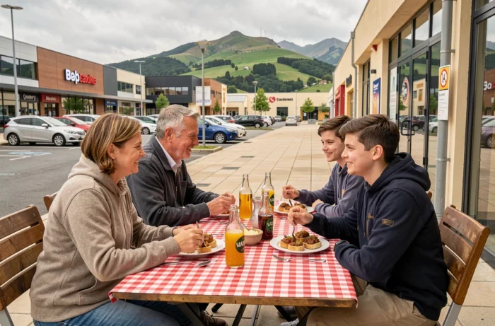 Famille en pause repas à la terrasse d'un café près du centre commercial de Dancharia avec vue sur les collines basques